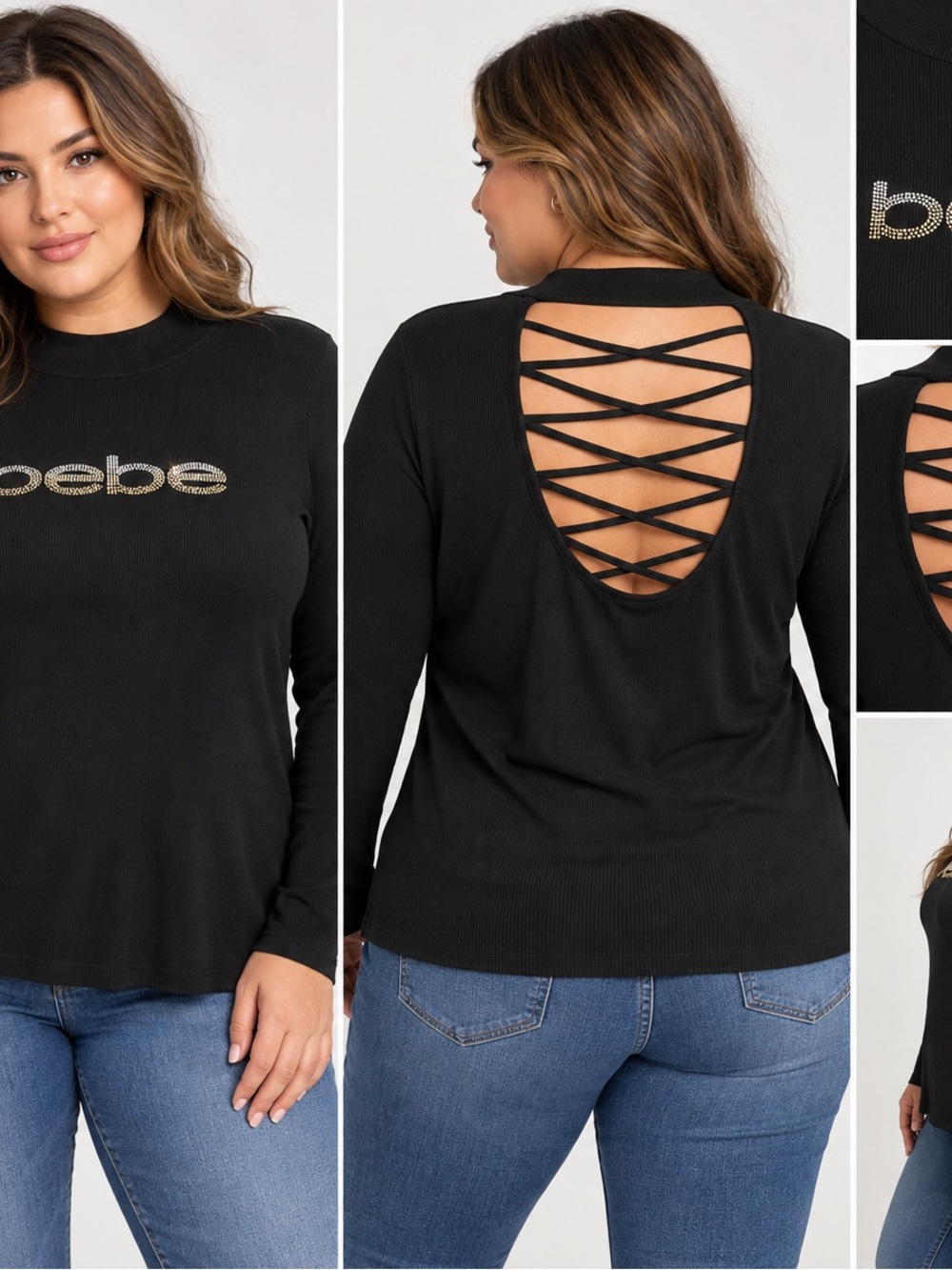bebe Black Ribbed Long Sleeve Top 1X Rhinestone Logo Open Back Criss Cross